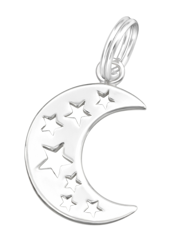 Silver Crescent Moon and Stars Charm with Split Ring