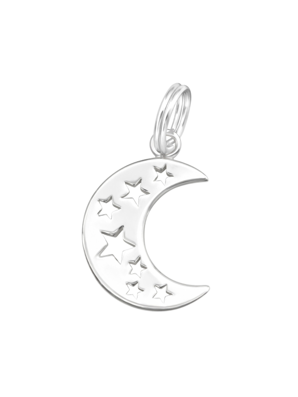 Charm/Dije de Luna Creciente y Estrellas de Plata con Anilla Abierta