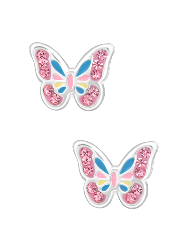 Pendientes de Botón Mariposa para Niñas de Plata Esterlina con Cristal y Resina Epoxi