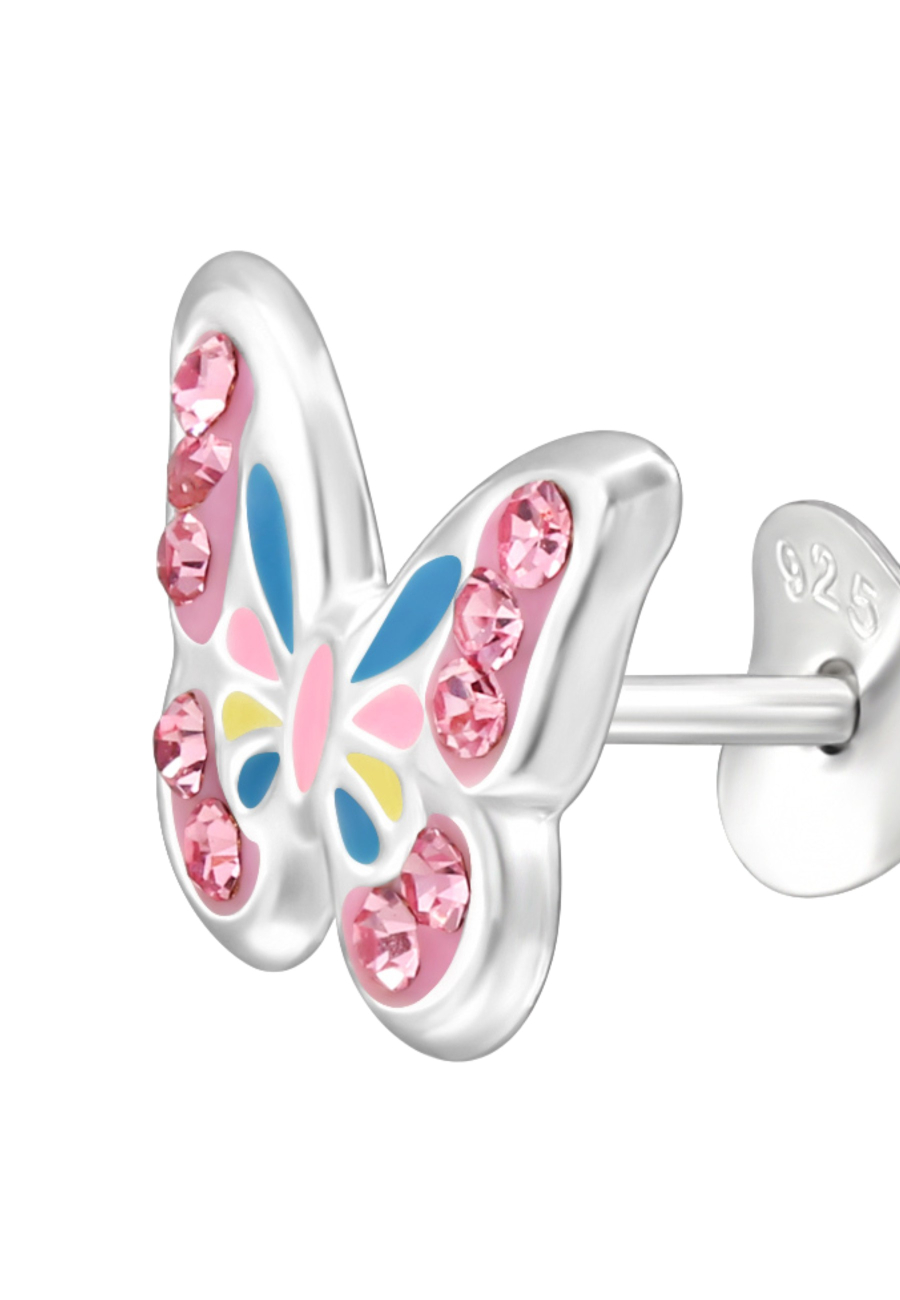 Butterfly Children's Sterling Silver Ear Studs with Crystal and Epoxy