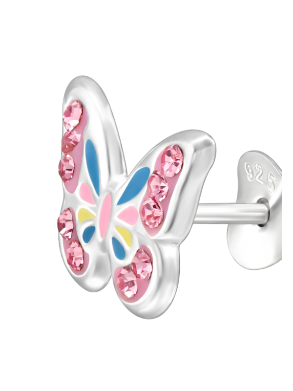 Pendientes de Botón Mariposa para Niñas de Plata Esterlina con Cristal y Resina Epoxi