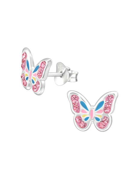 Pendientes de Botón Mariposa para Niñas de Plata Esterlina con Cristal y Resina Epoxi