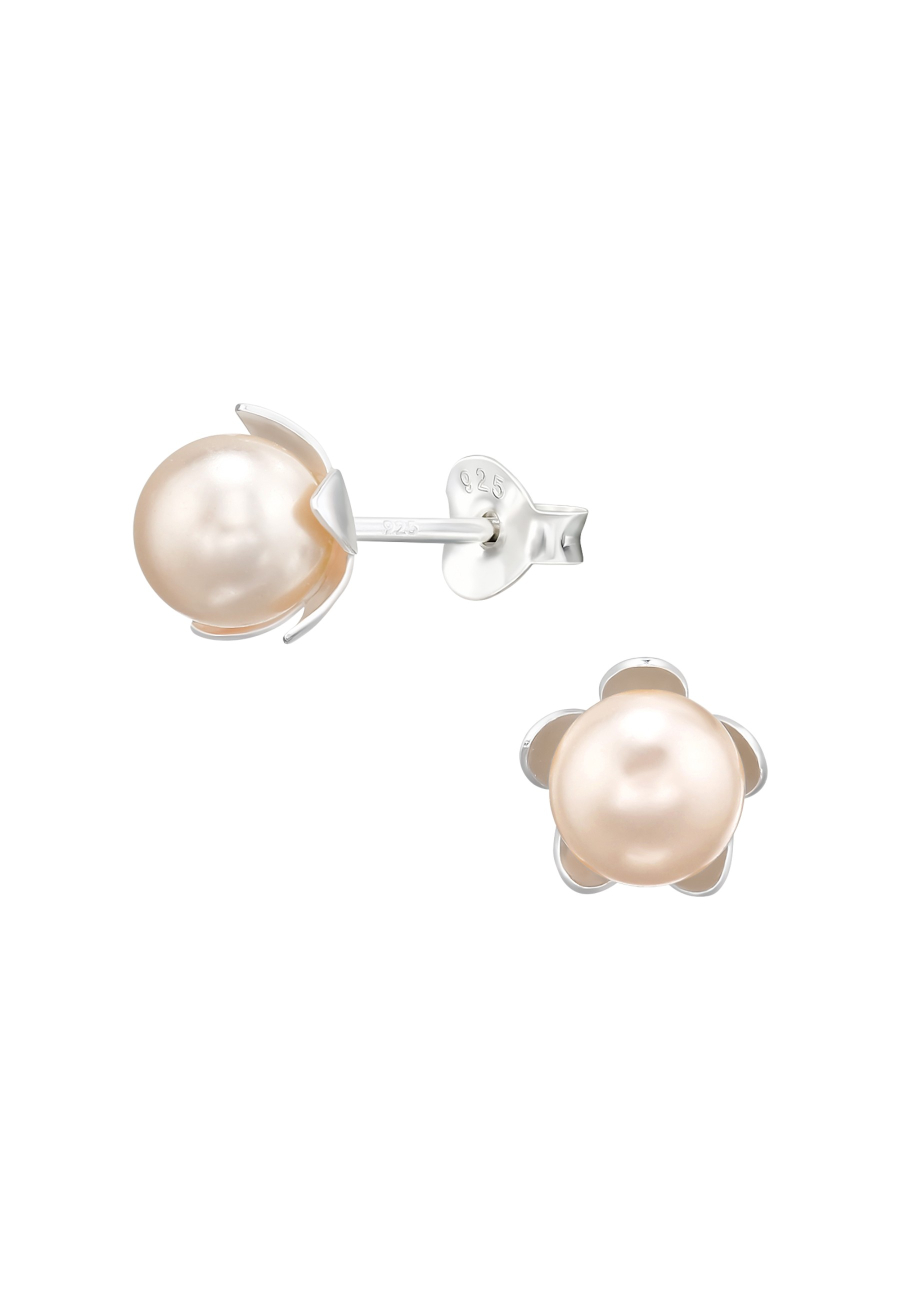 Silver Flower Ear Studs with Genuine European Crystal Pearls