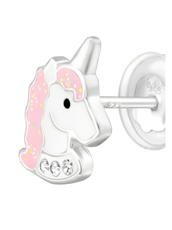 Puces d'Oreilles Licorne Premium pour Enfants en Argent Sterling avec Cristal et Émail (or Résine Époxy)
