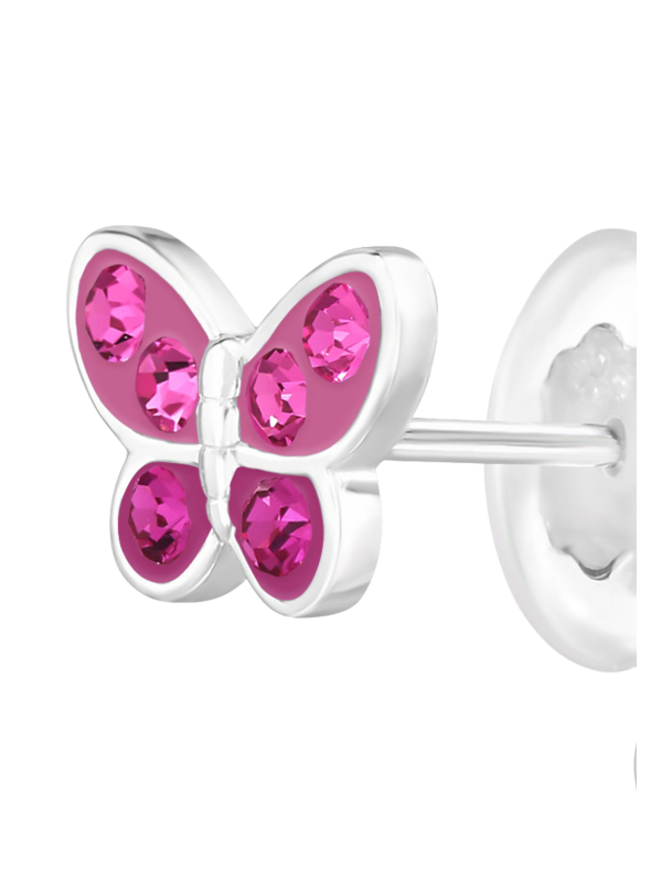 Pendientes de Botón Premium Mariposa para Niñas de Plata Esterlina con Cristal