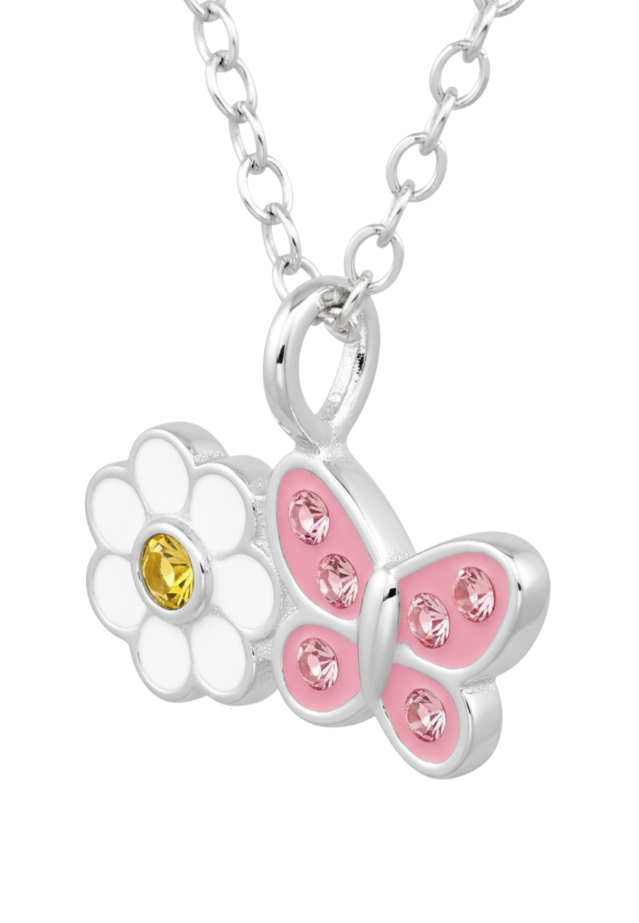 Daisy Flower with Butterfly Children's Sterling Silver Necklace with Crystal and Epoxy
