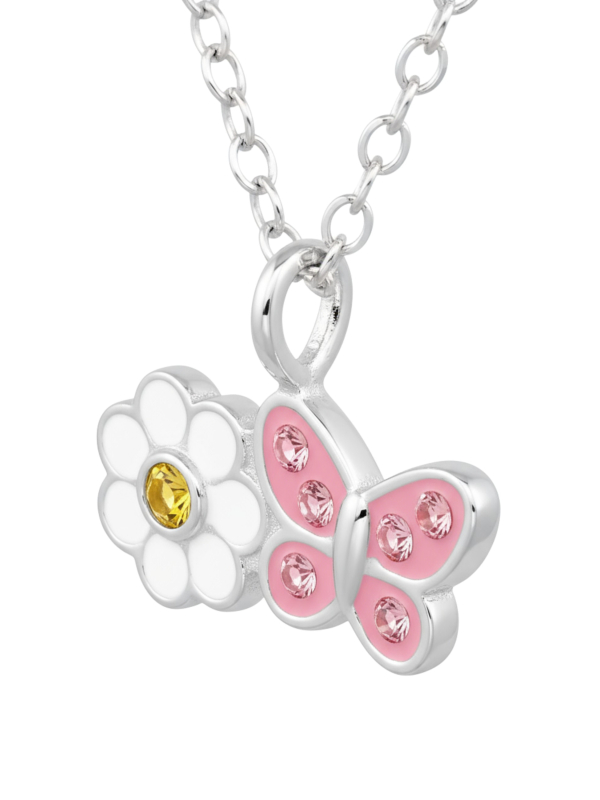 Daisy Flower with Butterfly Children's Sterling Silver Necklace with Crystal and Epoxy