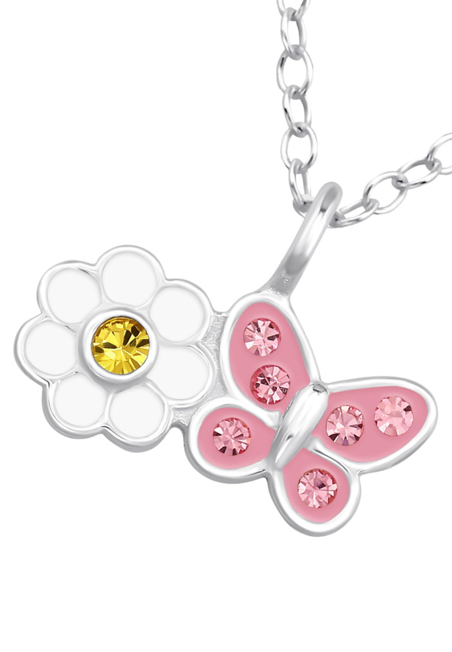 Daisy Flower with Butterfly Children's Sterling Silver Necklace with Crystal and Epoxy