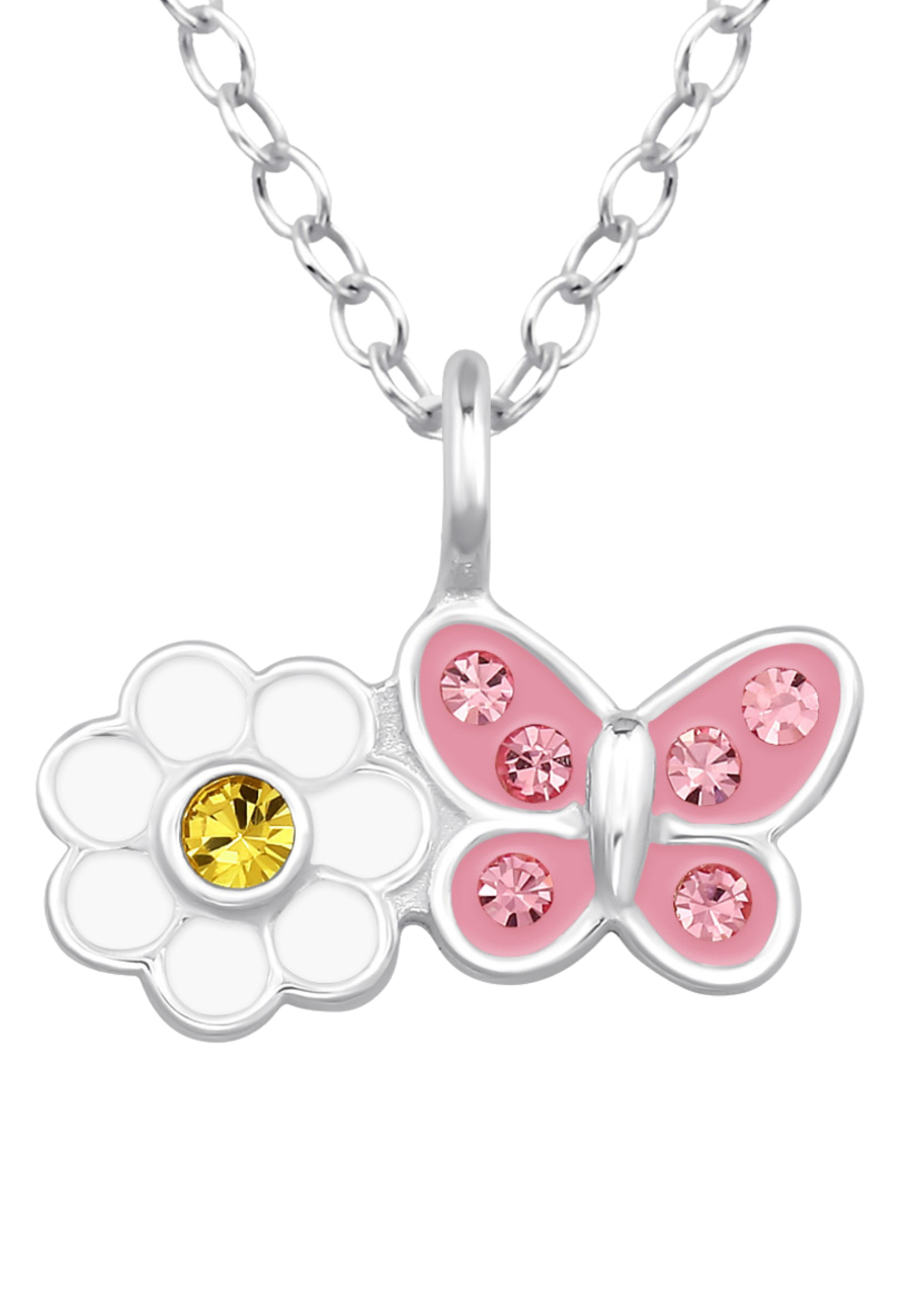 Daisy Flower with Butterfly Children's Sterling Silver Necklace with Crystal and Epoxy