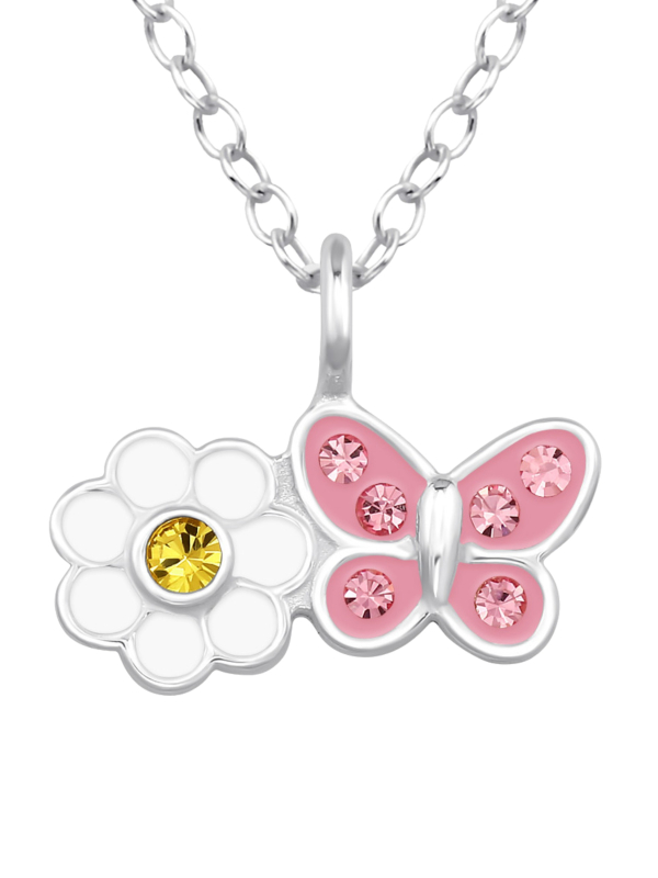 Daisy Flower with Butterfly Children's Sterling Silver Necklace with Crystal and Epoxy