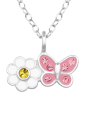 Daisy Flower with Butterfly Children's Sterling Silver Necklace with Crystal and Epoxy