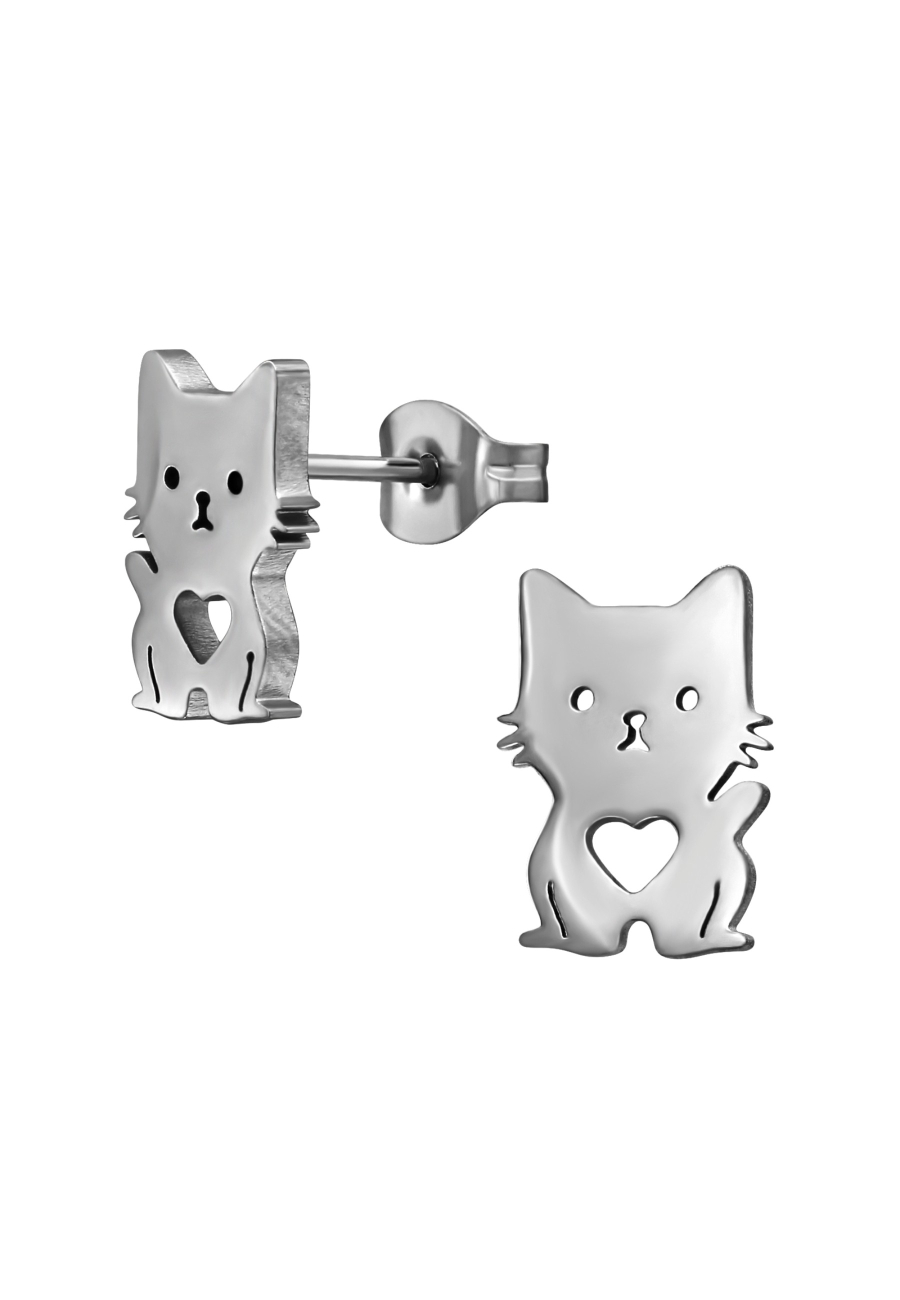 Pendientes de Botón de Gato con Corazón de Acero Inoxidable