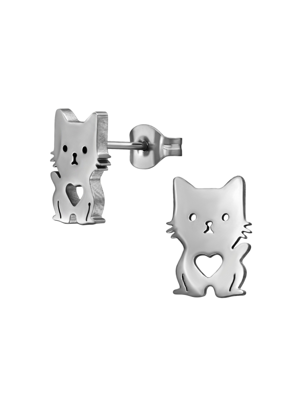 Cat with Heart Stainless Steel Ear Studs