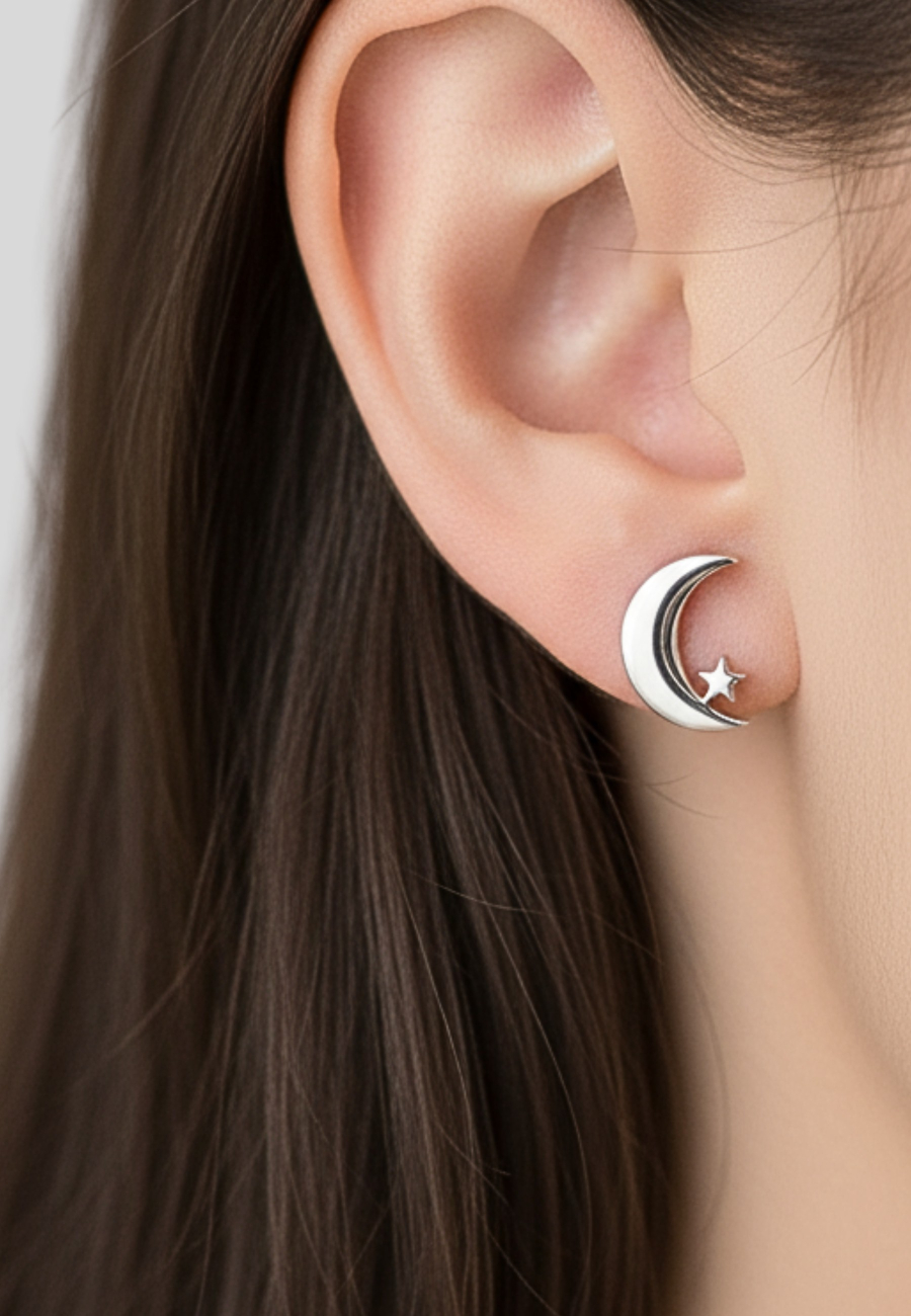 Pendientes de Botón de Luna con Estrella de Acero Inoxidable de 8 mm