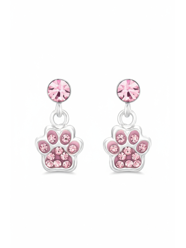 Children's Silver Dangling Paw Print Ear Studs with Crystal