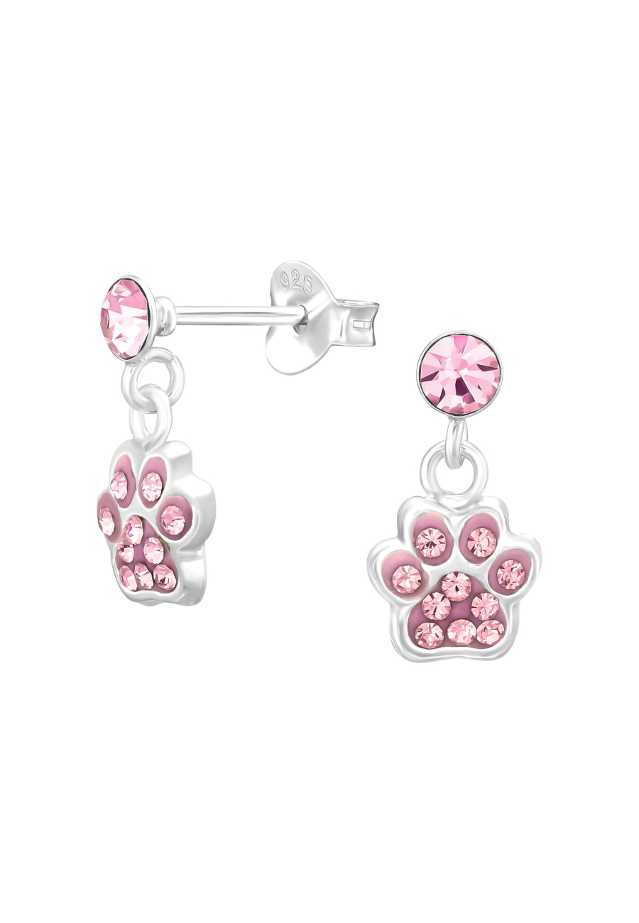 Pendientes Infantiles Colgantes de Plata con Huella y Cristal