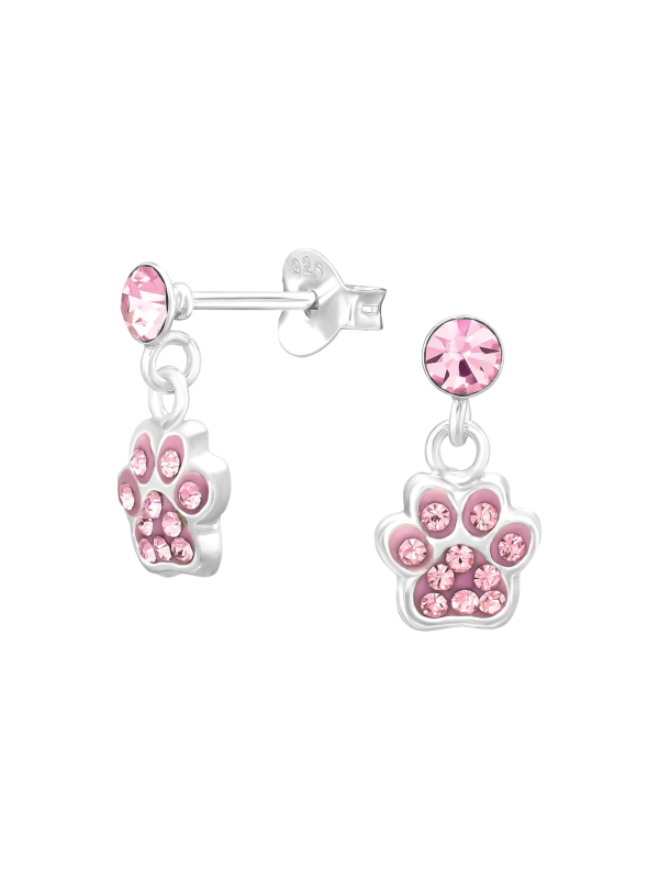 Pendientes Infantiles Colgantes de Plata con Huella y Cristal