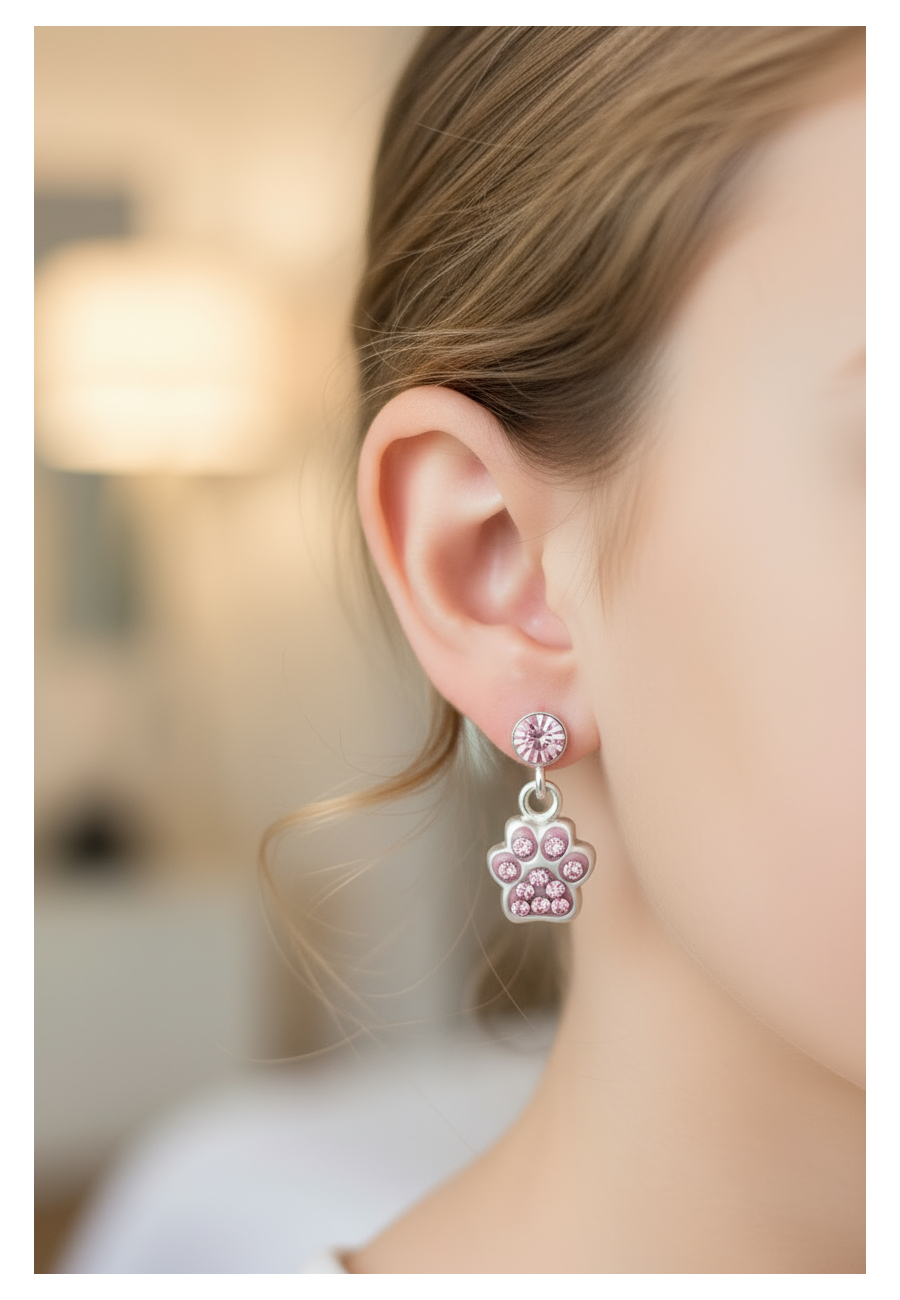 Boucles d’Oreilles Enfant en Argent Motif Patte Pendante avec Cristal