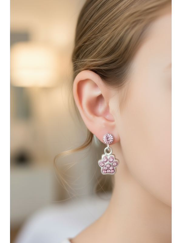 Boucles d’Oreilles Enfant en Argent Motif Patte Pendante avec Cristal