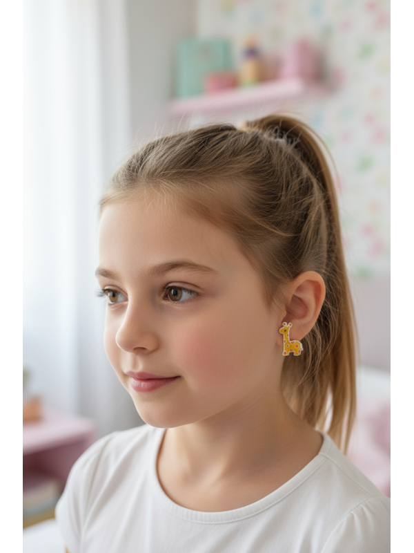 Boucles d’Oreilles Enfant en Argent Sterling Motif Girafe avec Époxy