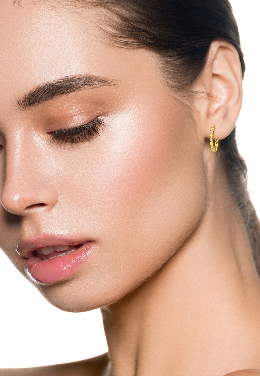 Heart Band Sterling Silver Gold Plated Huggie Hoops with 12x Cubic Zirconia