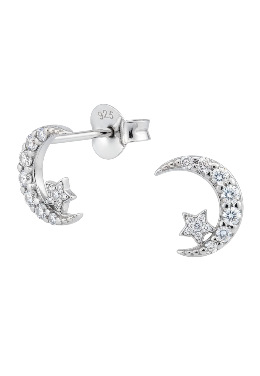 Puces d'Oreilles Lune et Étoile en Argent avec Zircone Cubique