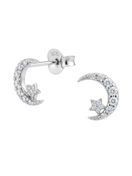 Pendientes de Luna y Estrella de Plata con Circonita Cúbica