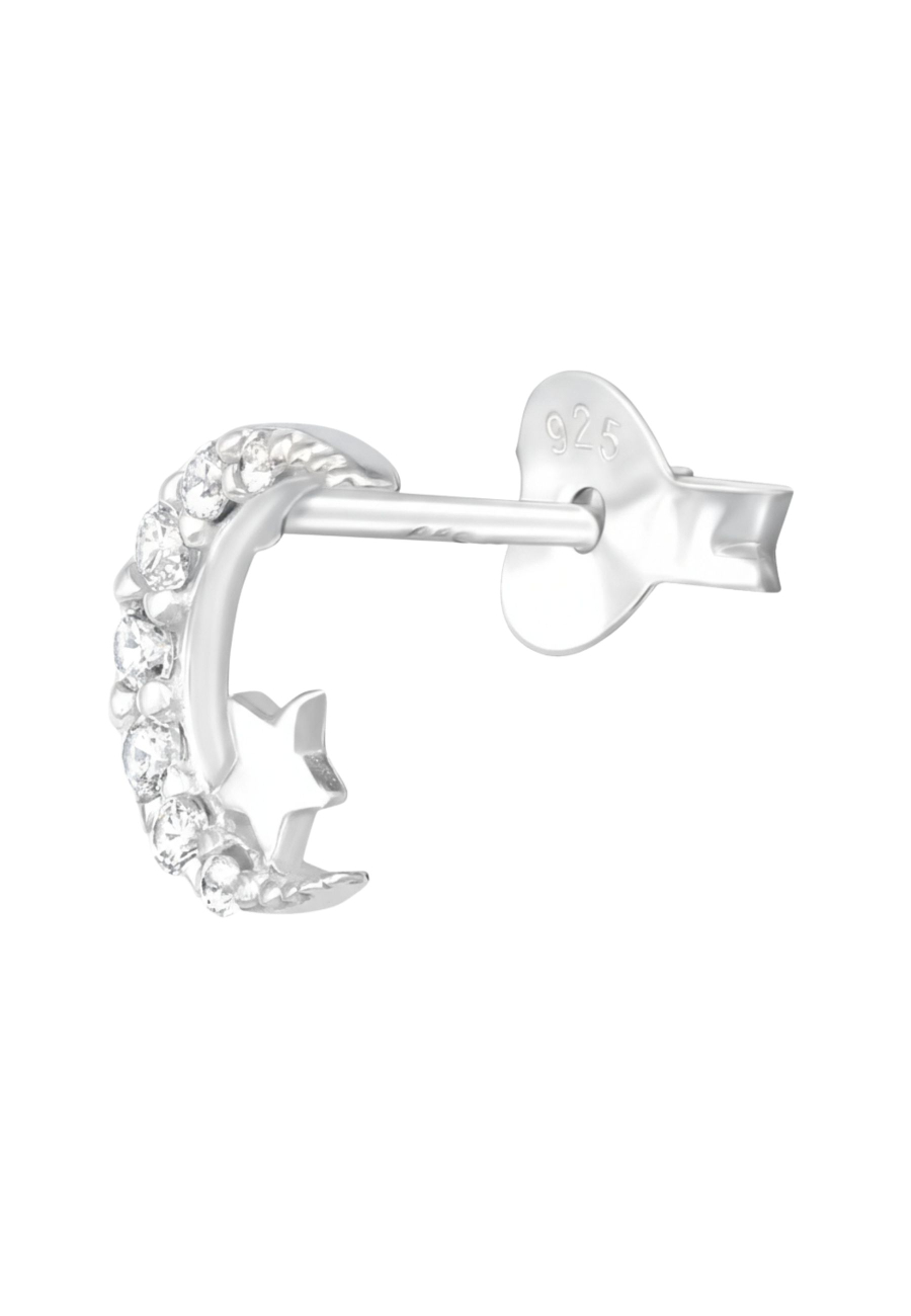 Silver Moon and Star Ear Studs with Cubic Zirconia