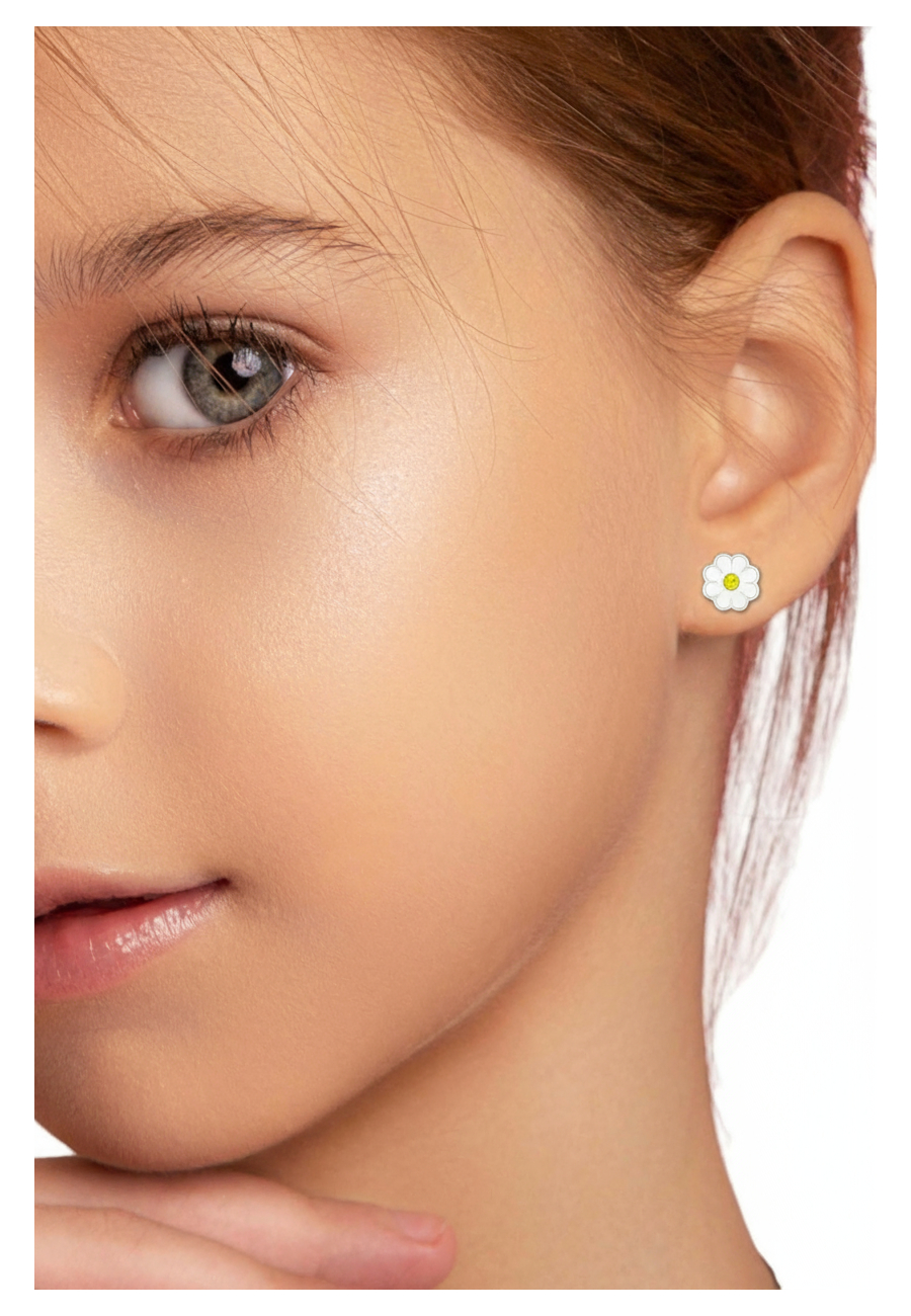 Premium Children's Silver Daisy Flower Ear Studs with Crystal and Epoxy