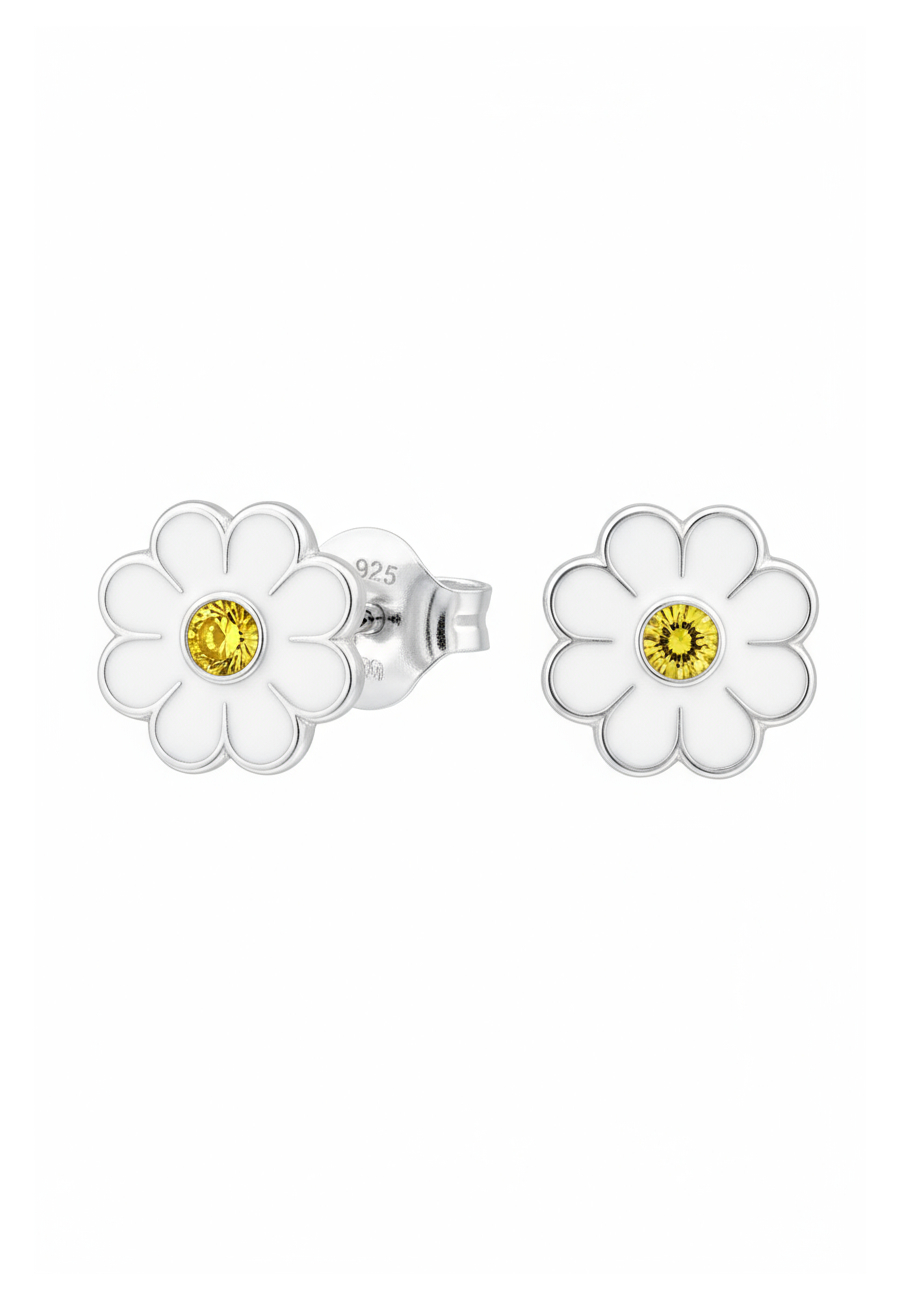 Premium Children's Silver Daisy Flower Ear Studs with Crystal and Epoxy