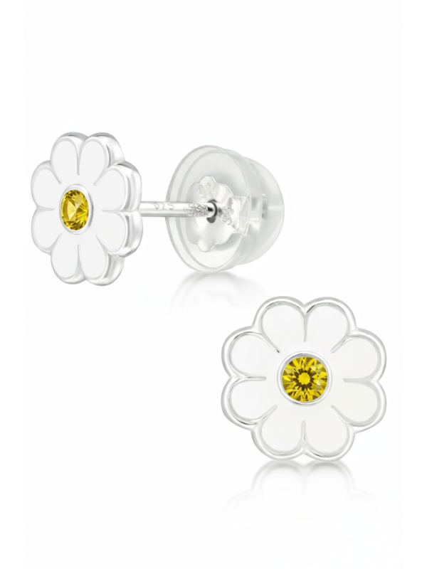 Premium Children's Silver Daisy Flower Ear Studs with Crystal and Epoxy