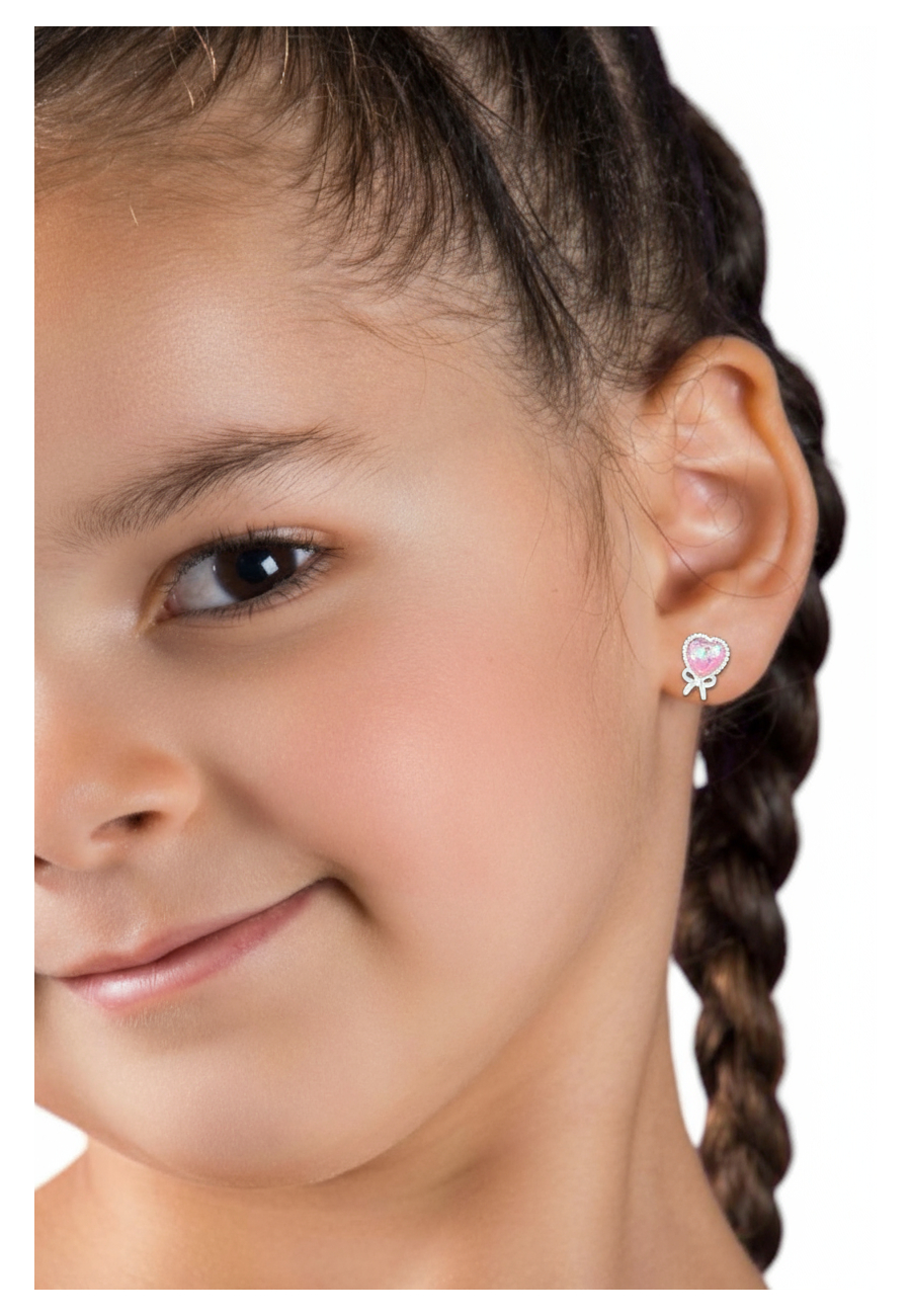 Kinder-Ohrstecker Silber-Herz mit Imitiertem Opal