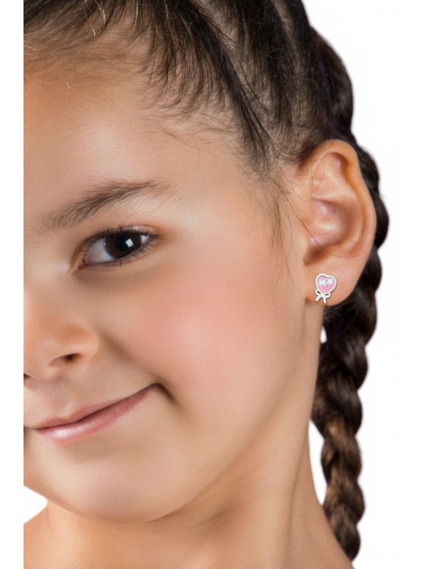 Kinder-Ohrstecker Silber-Herz mit Imitiertem Opal