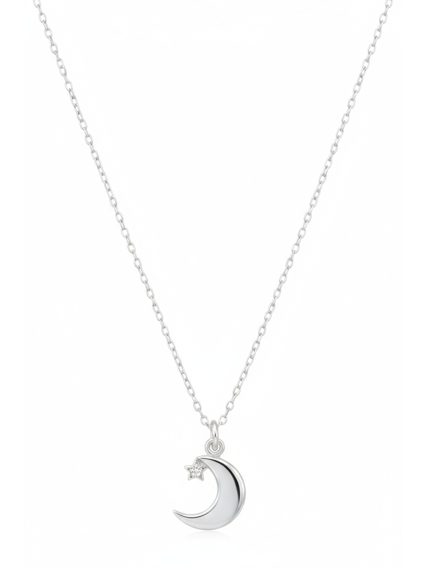 Moon with Star Sterling Silver Necklace with Cubic Zirconia