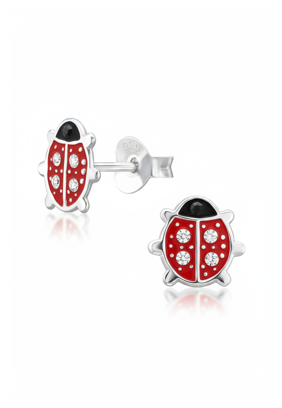 Pendientes de Botón Mariquita para Niñas de Plata Esterlina con Cristal y Resina Epoxi