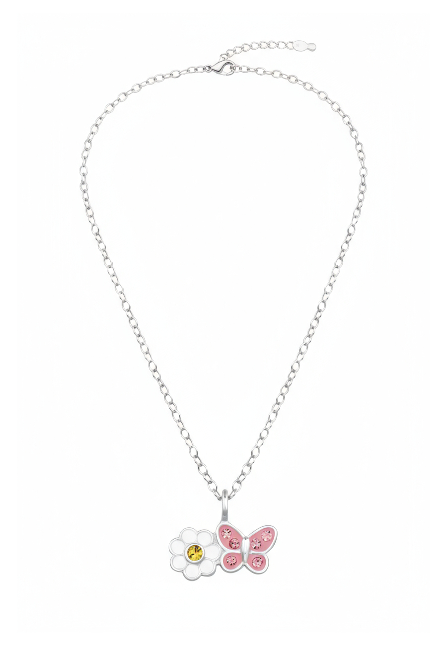 Daisy Flower with Butterfly Children's Sterling Silver Necklace with Crystal and Epoxy