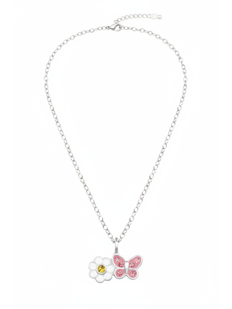 Daisy Flower with Butterfly Children's Sterling Silver Necklace with Crystal and Epoxy