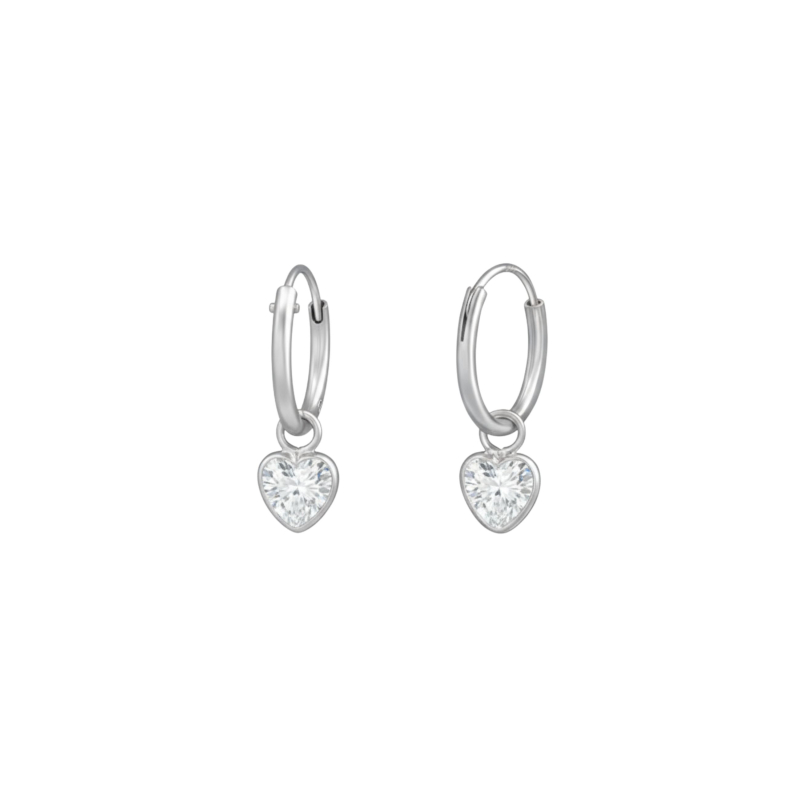 Silver Ear Hoops with Hanging Heart and Cubic Zirconia
