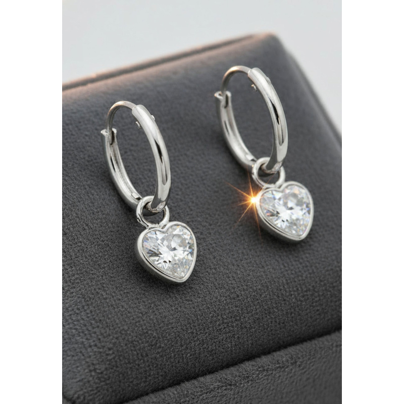 Silver Ear Hoops with Hanging Heart and Cubic Zirconia