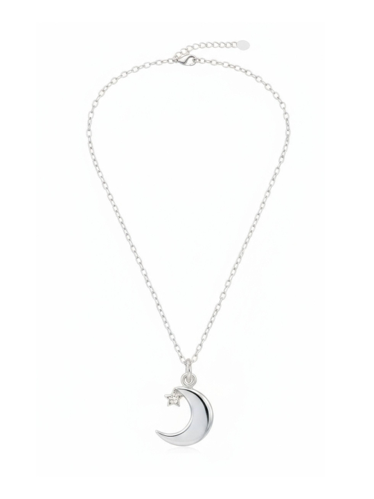Moon with Star Sterling Silver Necklace with Cubic Zirconia