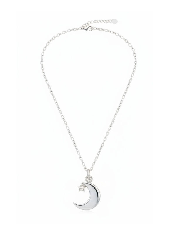 Moon with Star Sterling Silver Necklace with Cubic Zirconia