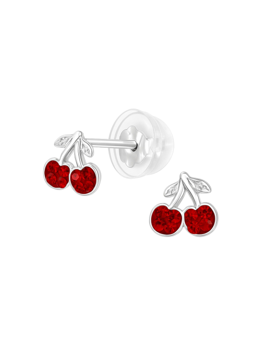 Premium Children's Silver Cherry Ear Studs with Crystal