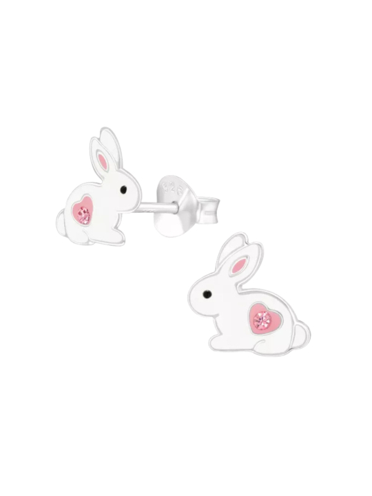 Clous d’Oreilles Lapin en Argent pour Enfants avec Cristal et Époxy