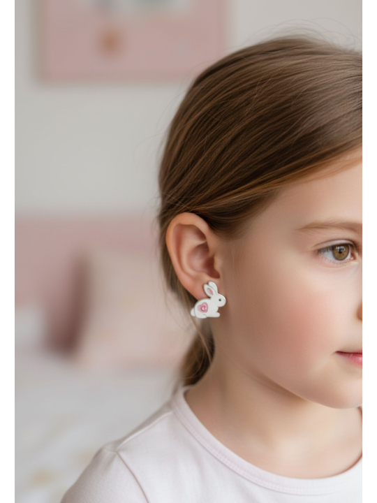 Pendientes de Conejo de Plata para Niños con Cristal y Epoxi