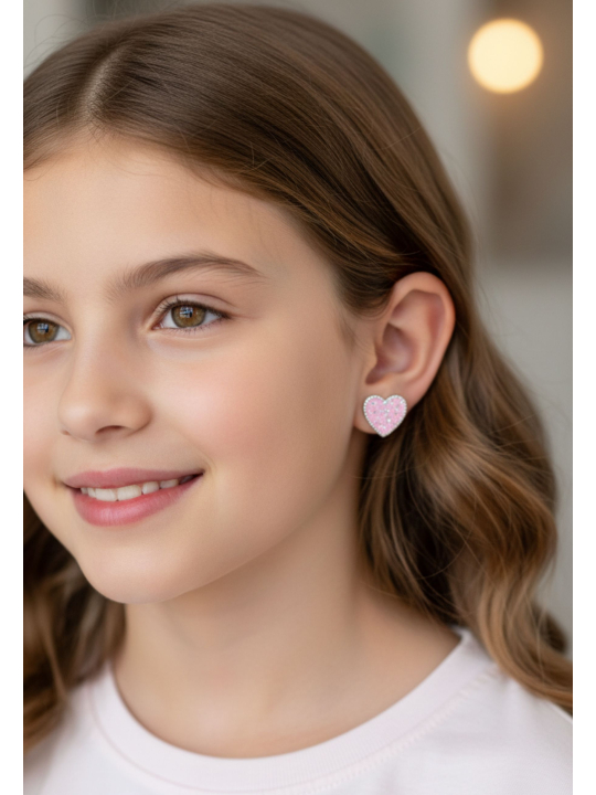 Clous d’Oreilles Cœur en Argent pour Enfants avec Époxy