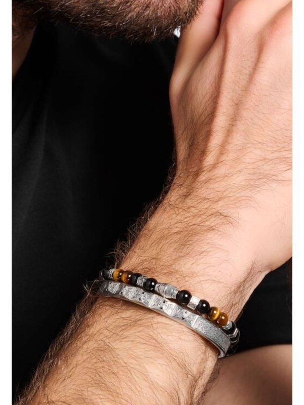 Bangle Faceted Design With Black Stones Silver